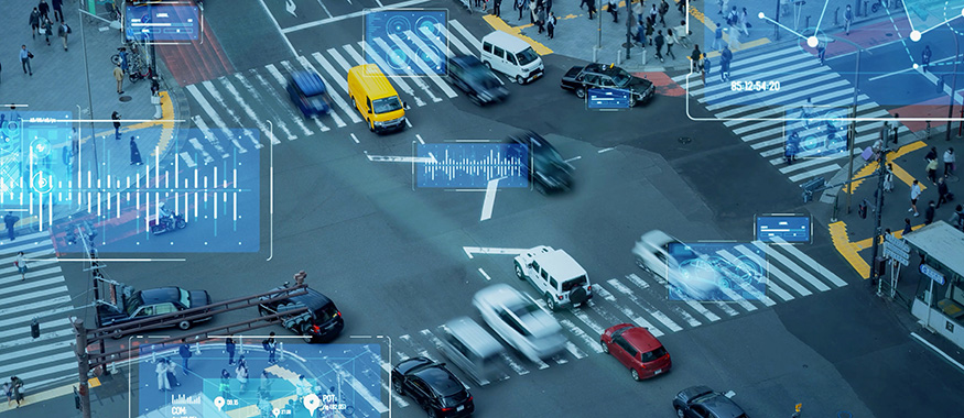 Overhead view of an intersection of a city. 