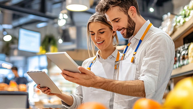 Two grocery store employees in white shirts and aprons use digital tablets to check inventory and manage store operations, surrounded by fresh produce and shelves of food products. 